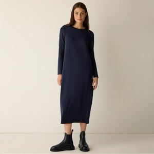 Eileen Fisher Black Jersey Knit Oval Crewneck Relaxed Fit Maxi Long Sleeve Dress